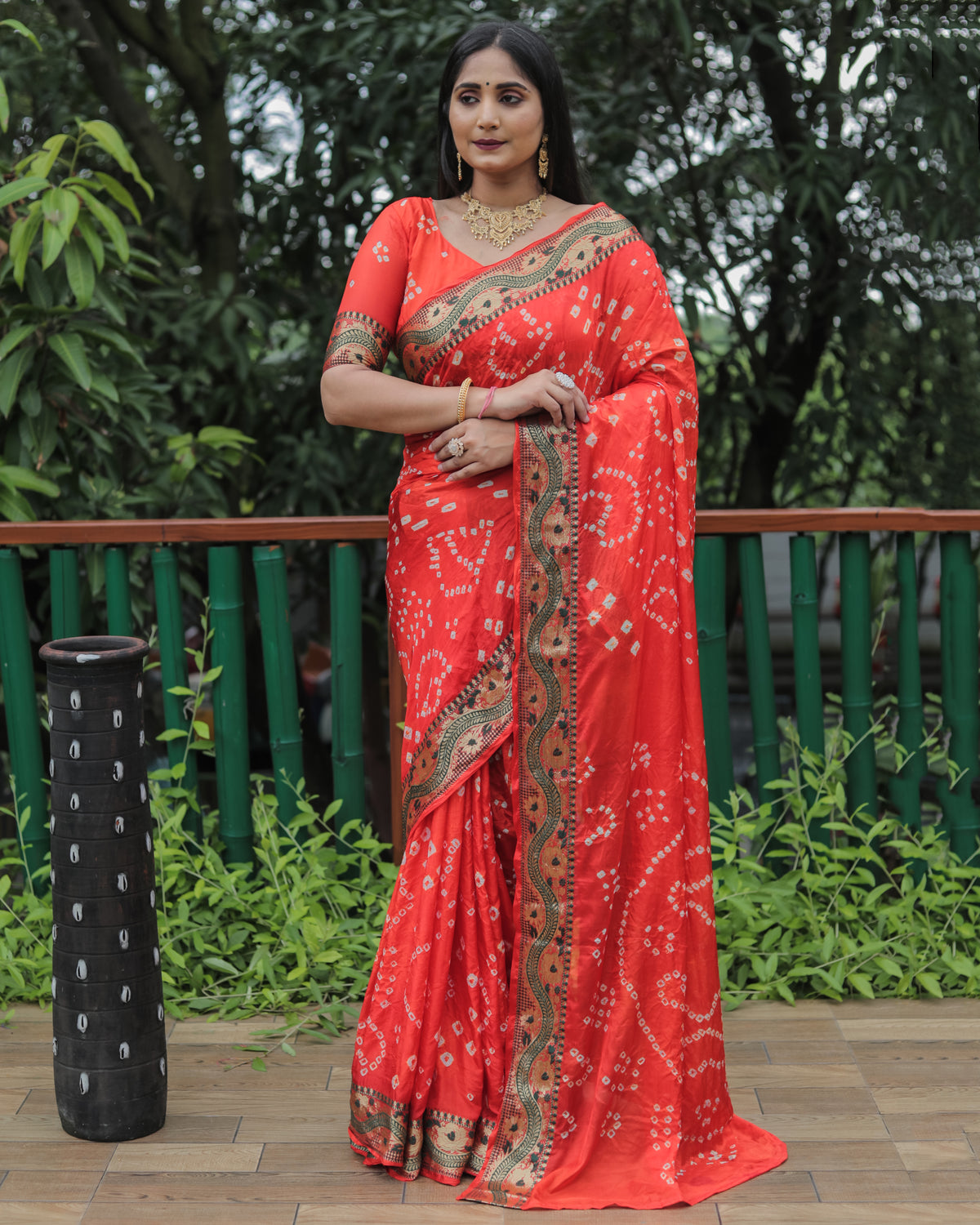 Trendy Bandhej Orange Color Soft Silk Saree