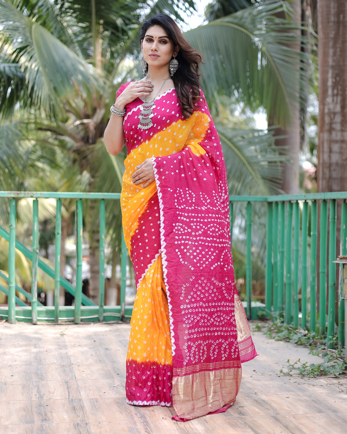 Adorable Bandhej Silk Saree Pink With Yellow Color Saree