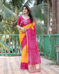 Adorable Bandhej Silk Saree Pink With Yellow Color Saree