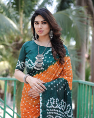 Adorable Bandhej Silk Saree Orange With Green Color Saree