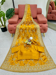 Beautiful Satin Silk Yellow Color Saree