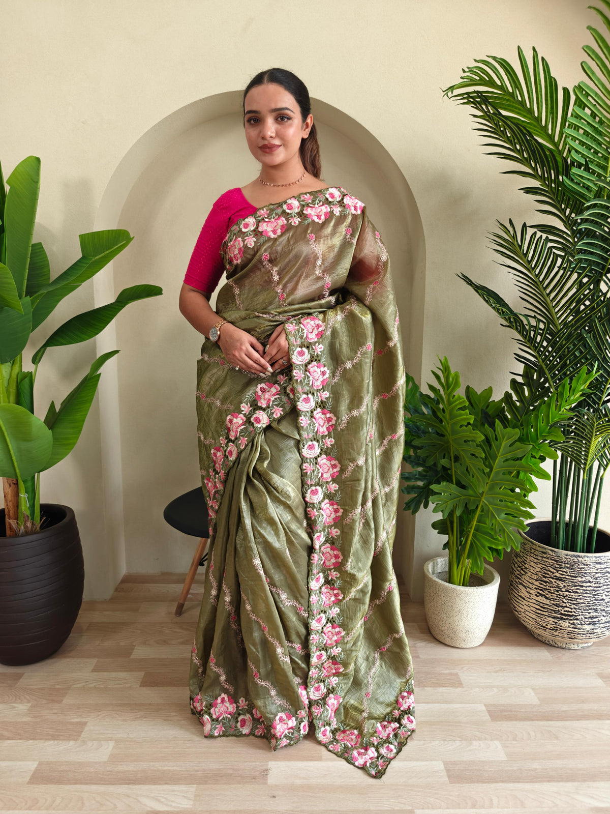 Awesome Embroidery Work Mehndi Color Saree