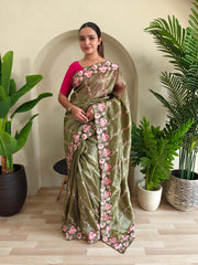 Awesome Embroidery Work Mehndi Color Saree
