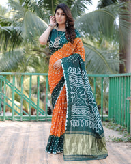 Adorable Bandhej Silk Saree Orange With Green Color Saree