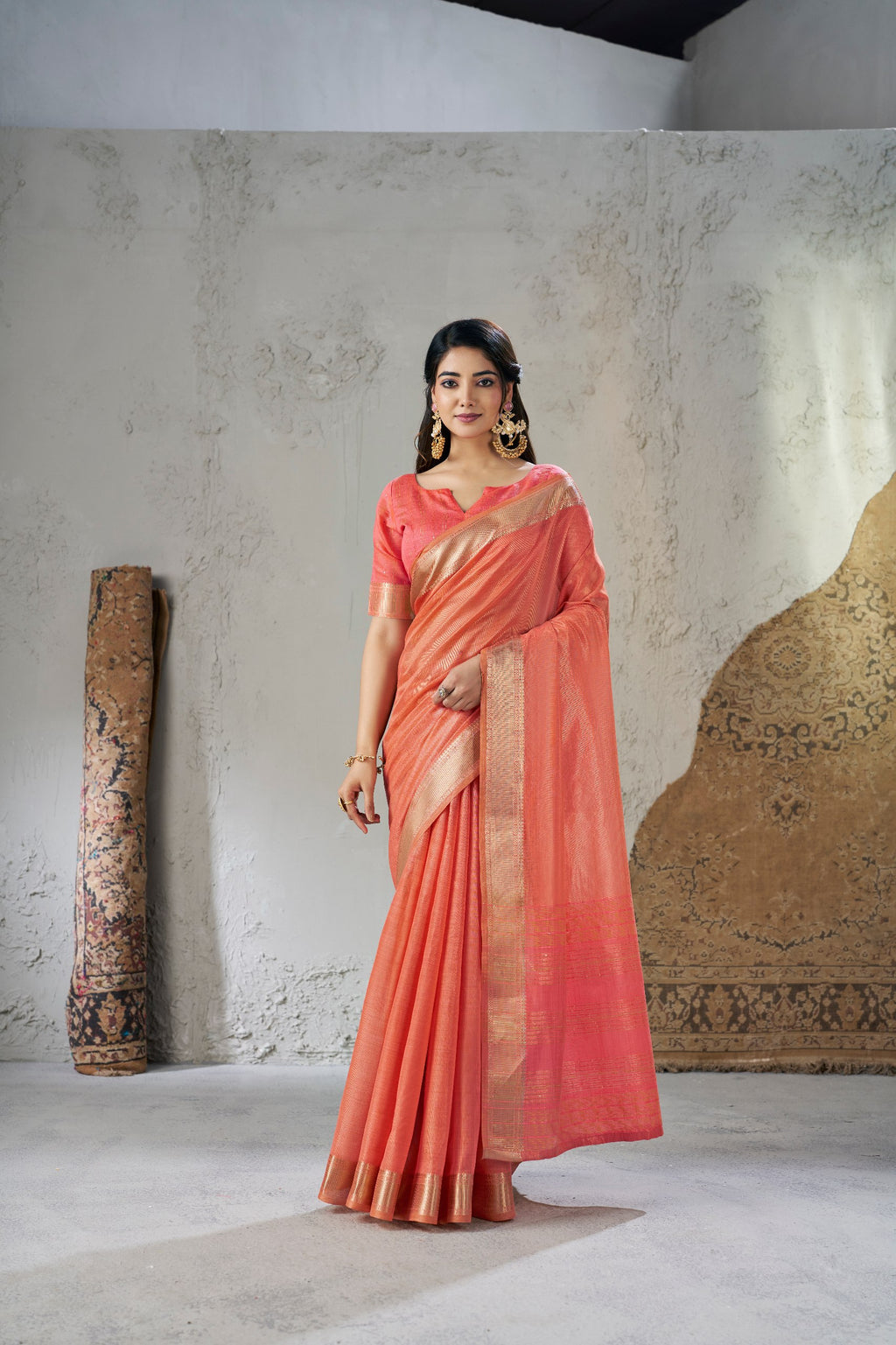 Rich Gold Zari Weaving Soft Linen Cotton Silk Saree