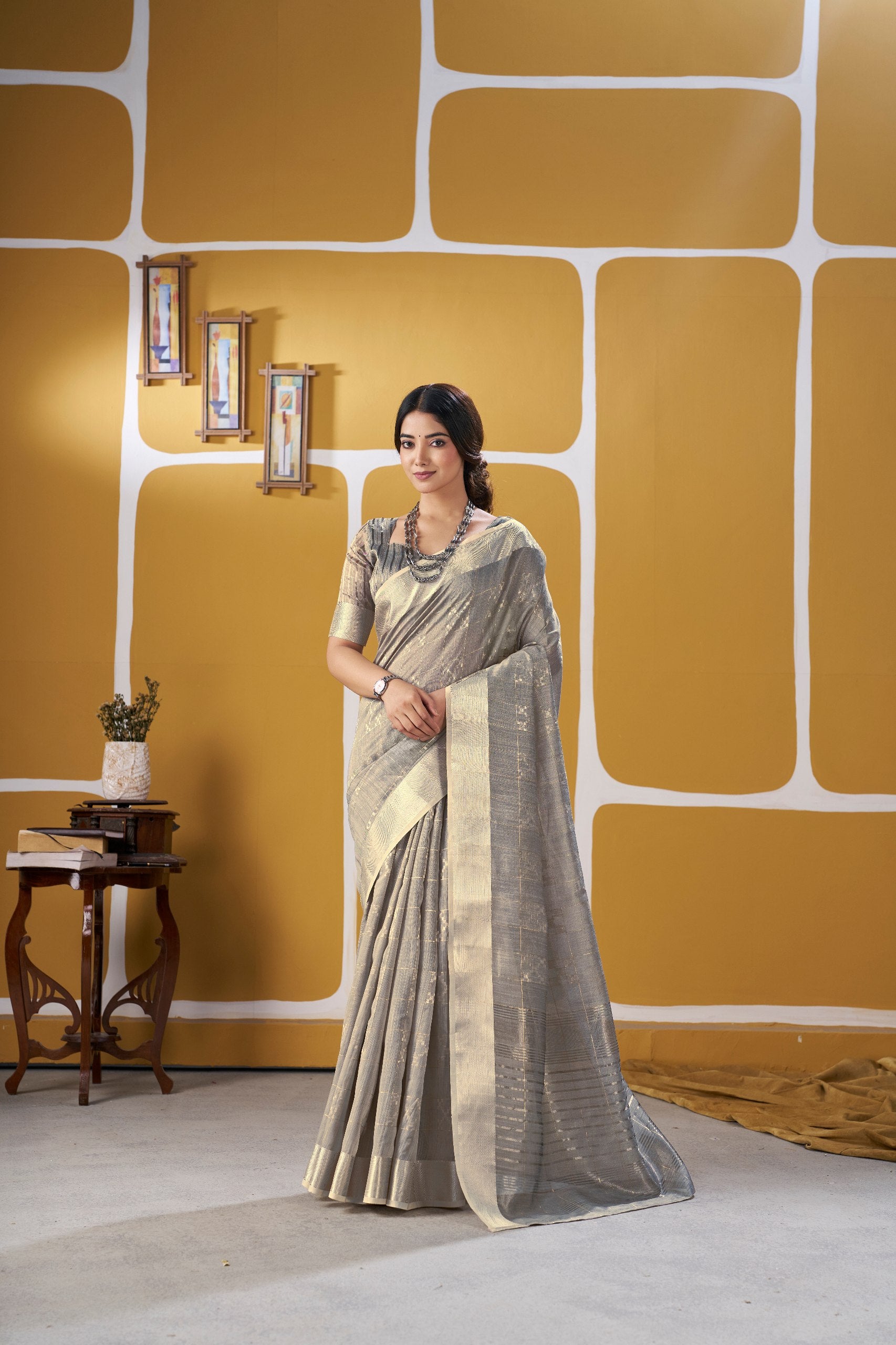 Premium Linen Cotton Silk Saree with Gold Zari Design Secondary image