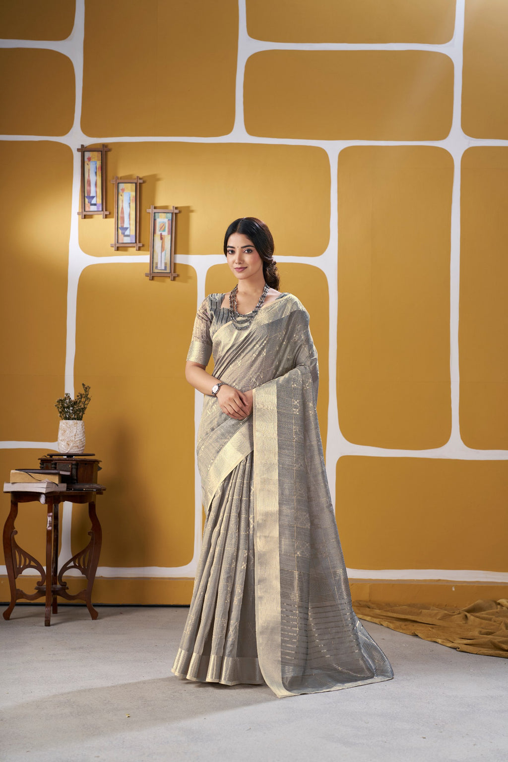 Premium Linen Cotton Silk Saree with Gold Zari Design
