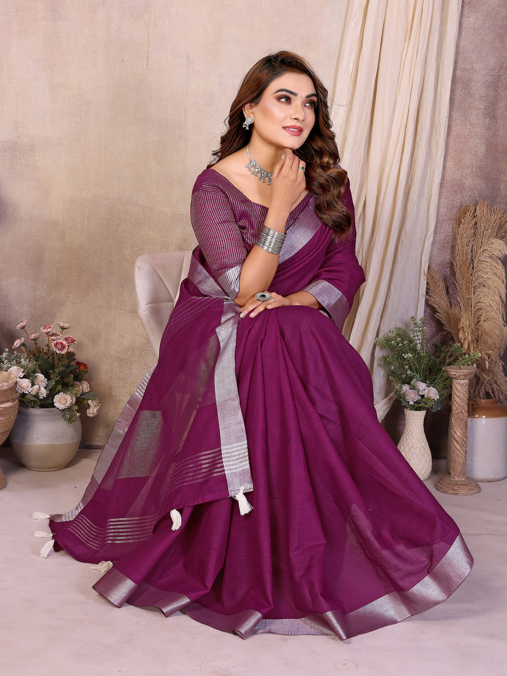 Beauty Soft Linen Cotton Saree with Silver Zari Border