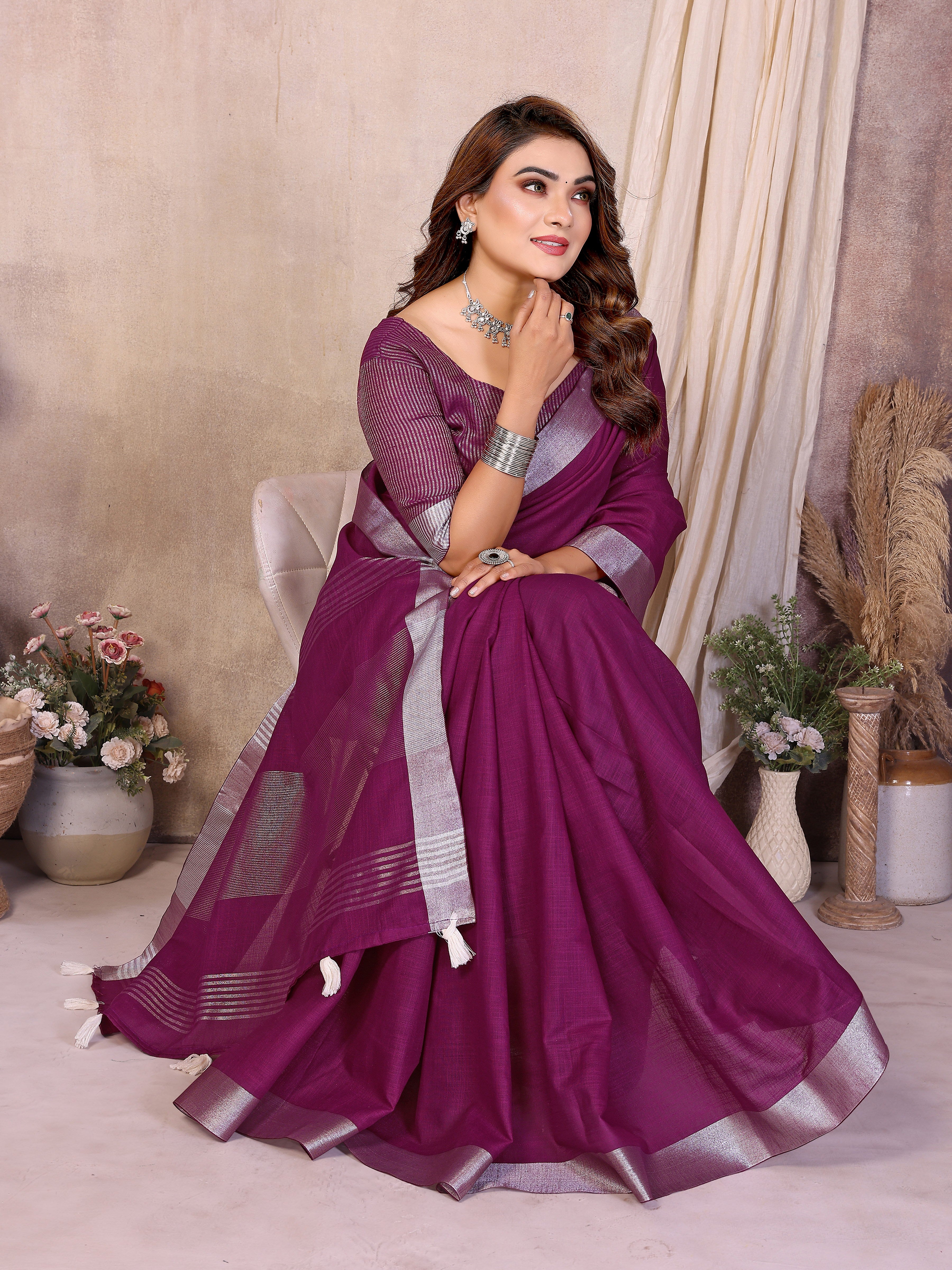 Beauty Soft Linen Cotton Saree with Silver Zari Border