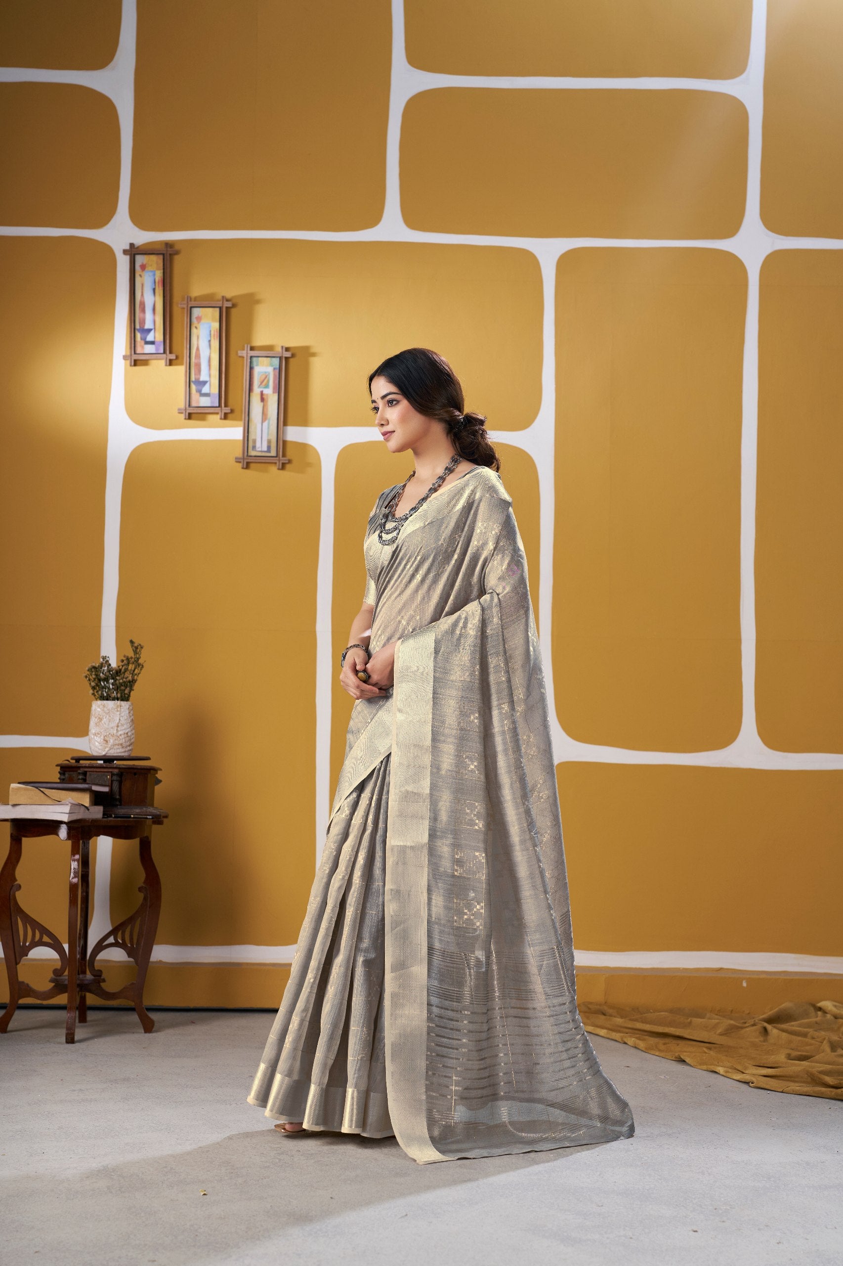 Premium Linen Cotton Silk Saree with Gold Zari Design