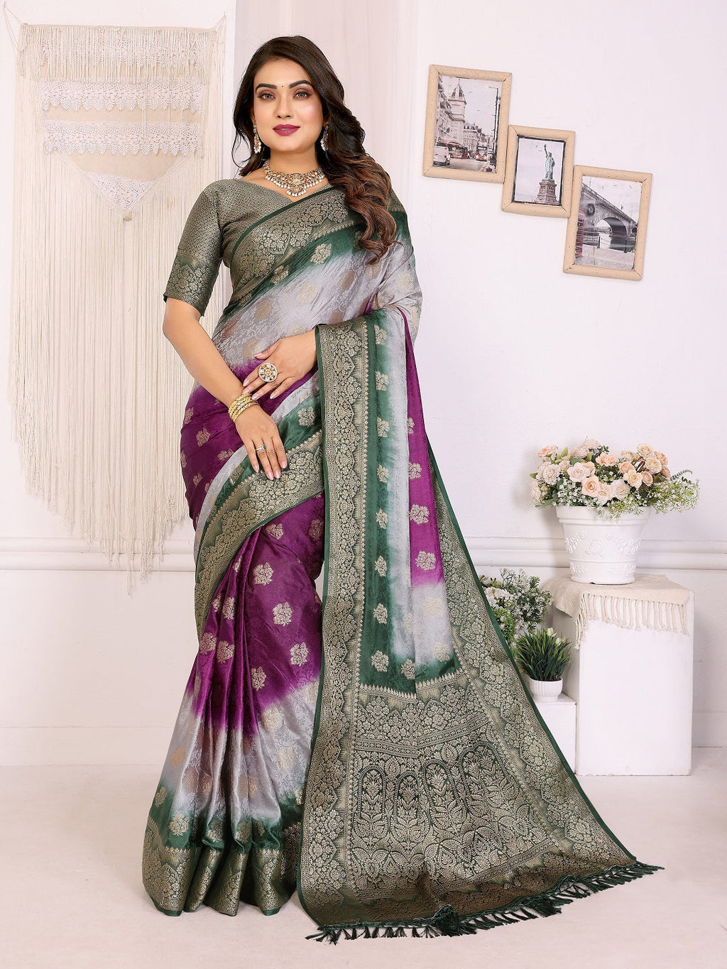 3D Multi Color Soft Satin Silk Dyed Saree with Zari Work
