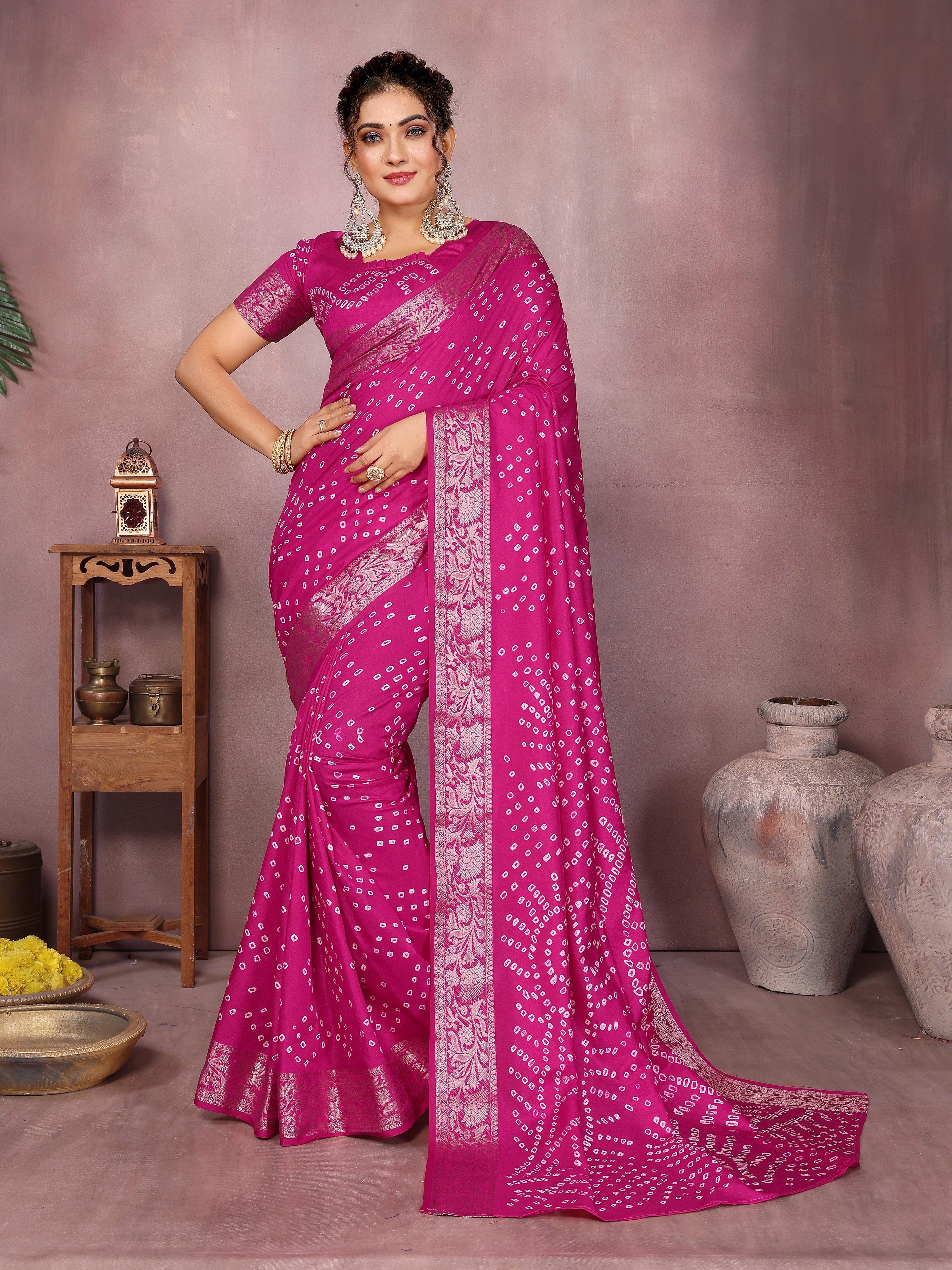 Pure Bandhej Silk Saree with Morpankh Pallu Secondary image