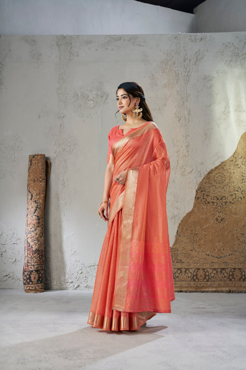 Rich Gold Zari Weaving Soft Linen Cotton Silk Saree
