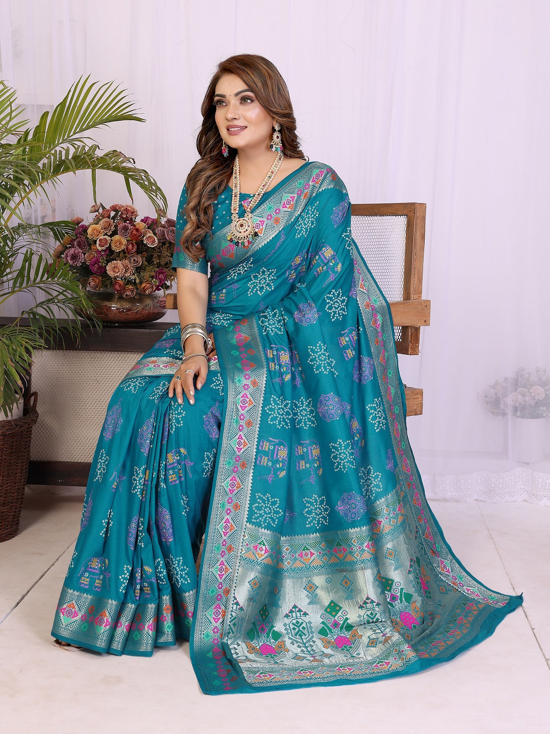 Dola Silk Bandhej Khadi Print Saree with Kanchi Border