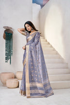 Soft Linen Cotton Silk Saree with Gold Zari Weaving