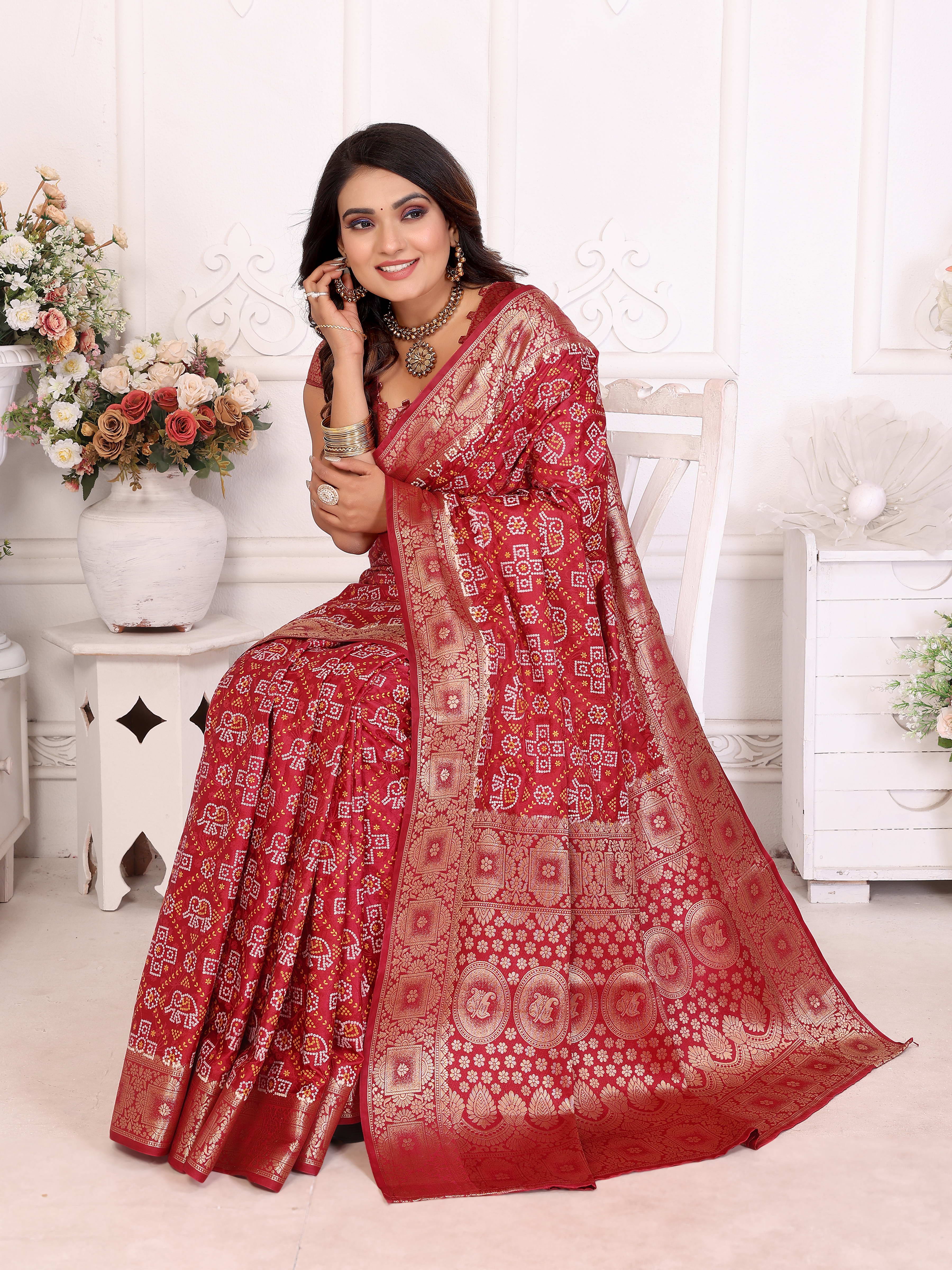 Bandhej Print Soft Satin Silk Saree with Zari Border