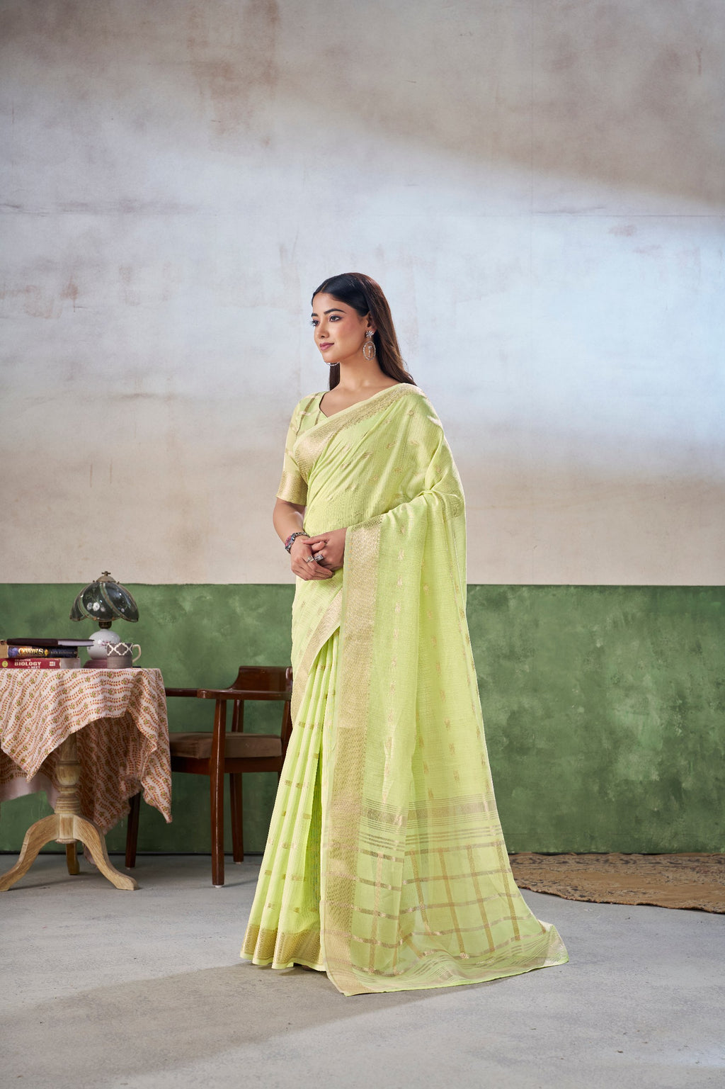 Party Wear Gold Zari Soft Linen Cotton Silk Saree