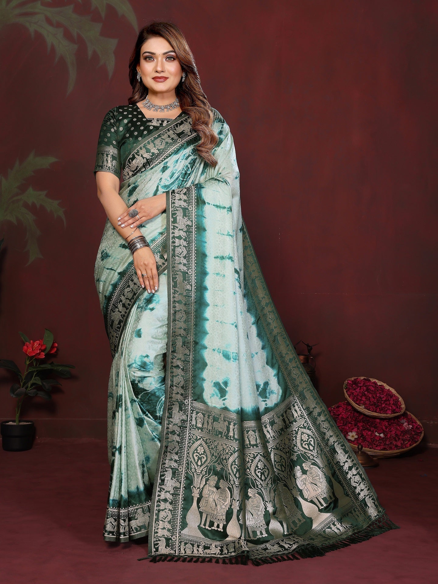 Sibori Bandhej Soft Satin Silk Zari Border Saree Secondary image