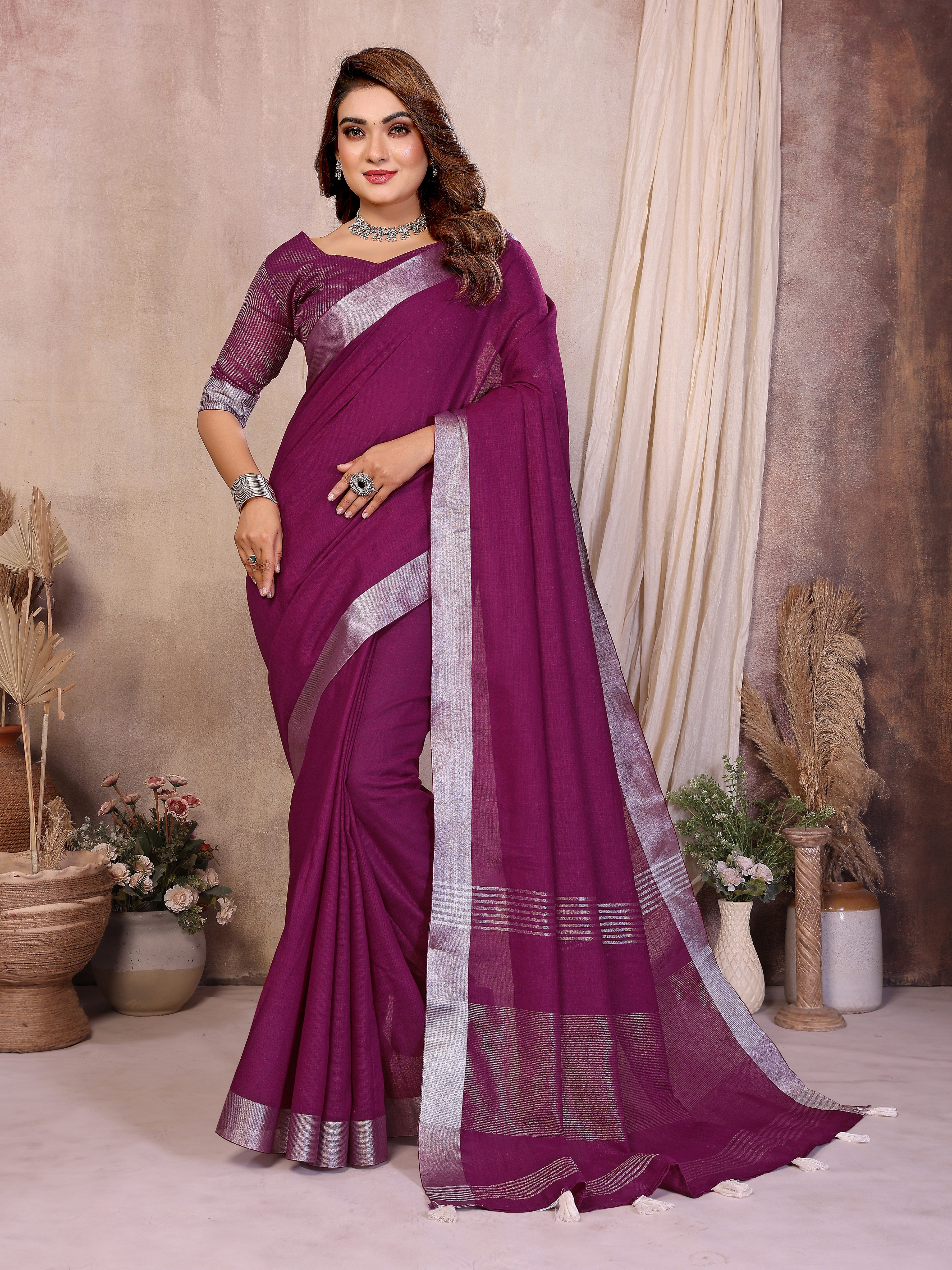 Beauty Soft Linen Cotton Saree with Silver Zari Border Secondary image