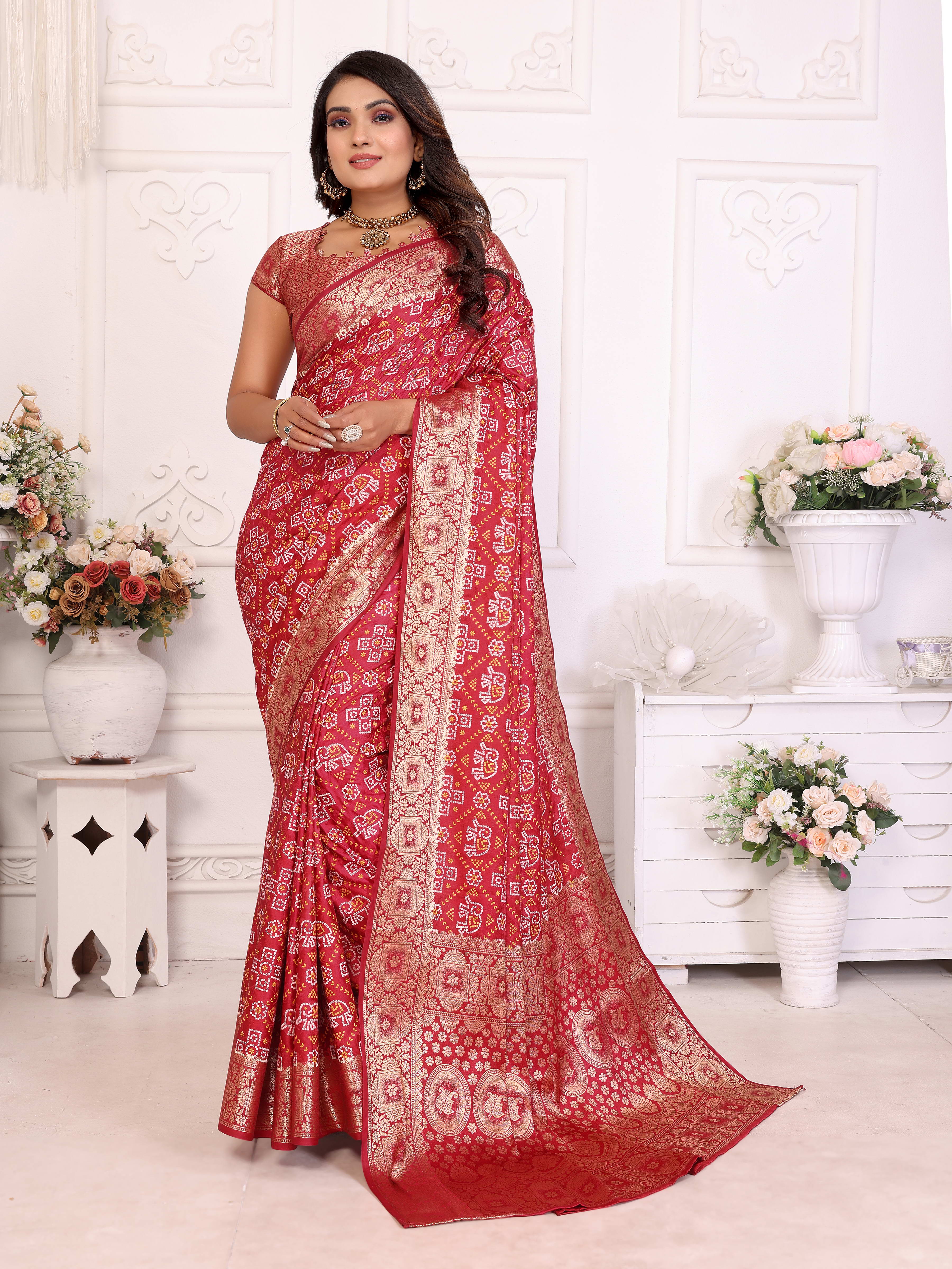 Bandhej Print Soft Satin Silk Saree with Zari Border Secondary image