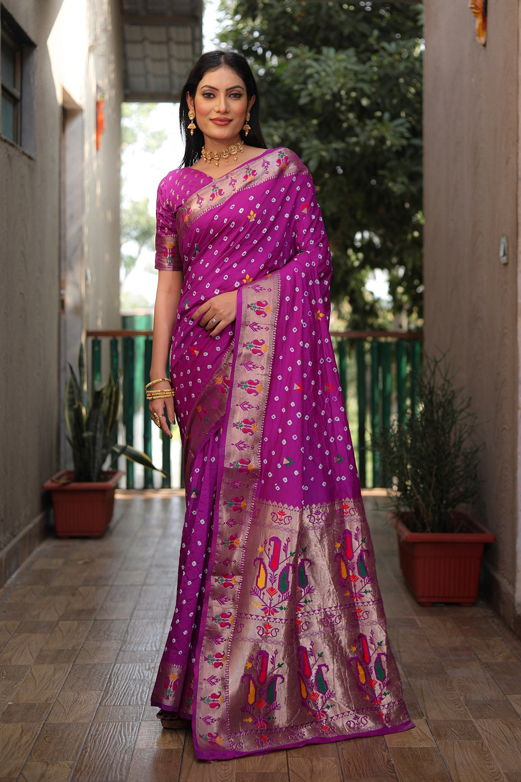 Dola Soft Silk Bandhej Paithani Saree with Zari Butti Main image