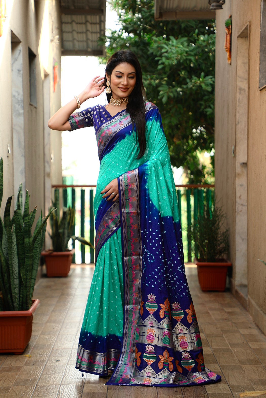 Pure Bandhej Silk Paithani Saree with Minakari Border Secondary image