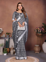 Linen Chex Weaving Saree with Jari Pallu