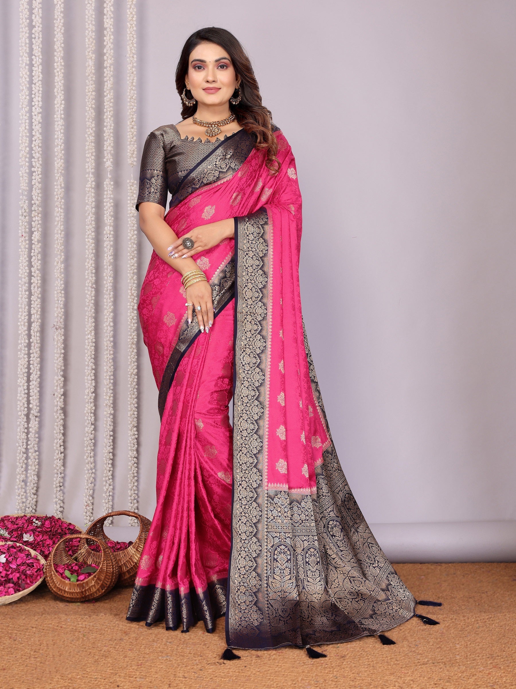 Zari Butta and Contrast Border Satin Silk Saree Secondary image
