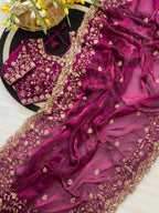Premium Soft Fandy Satin Silk Saree with Cut Dana Work