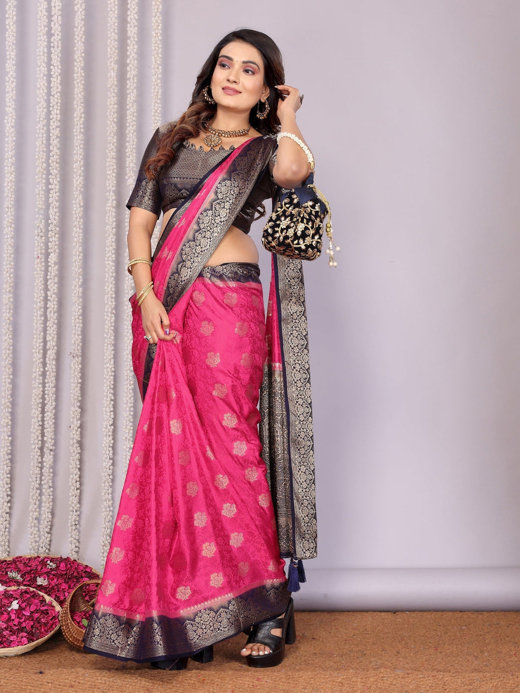 Zari Butta and Contrast Border Satin Silk Saree