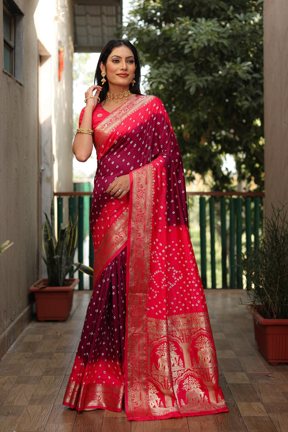 Pure Bandhej Silk Saree with Tissue Pallu Secondary image