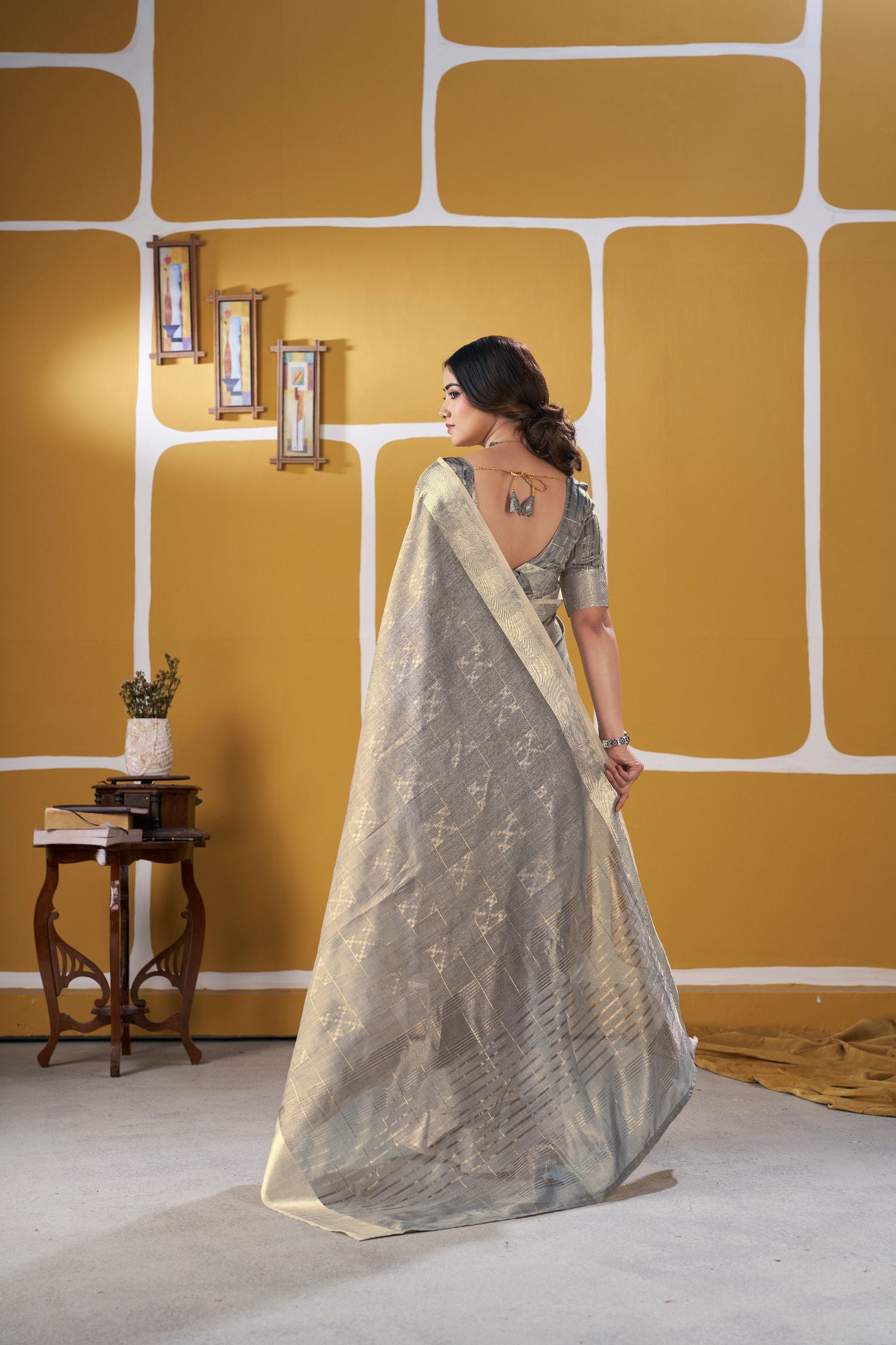 Premium Linen Cotton Silk Saree with Gold Zari Design