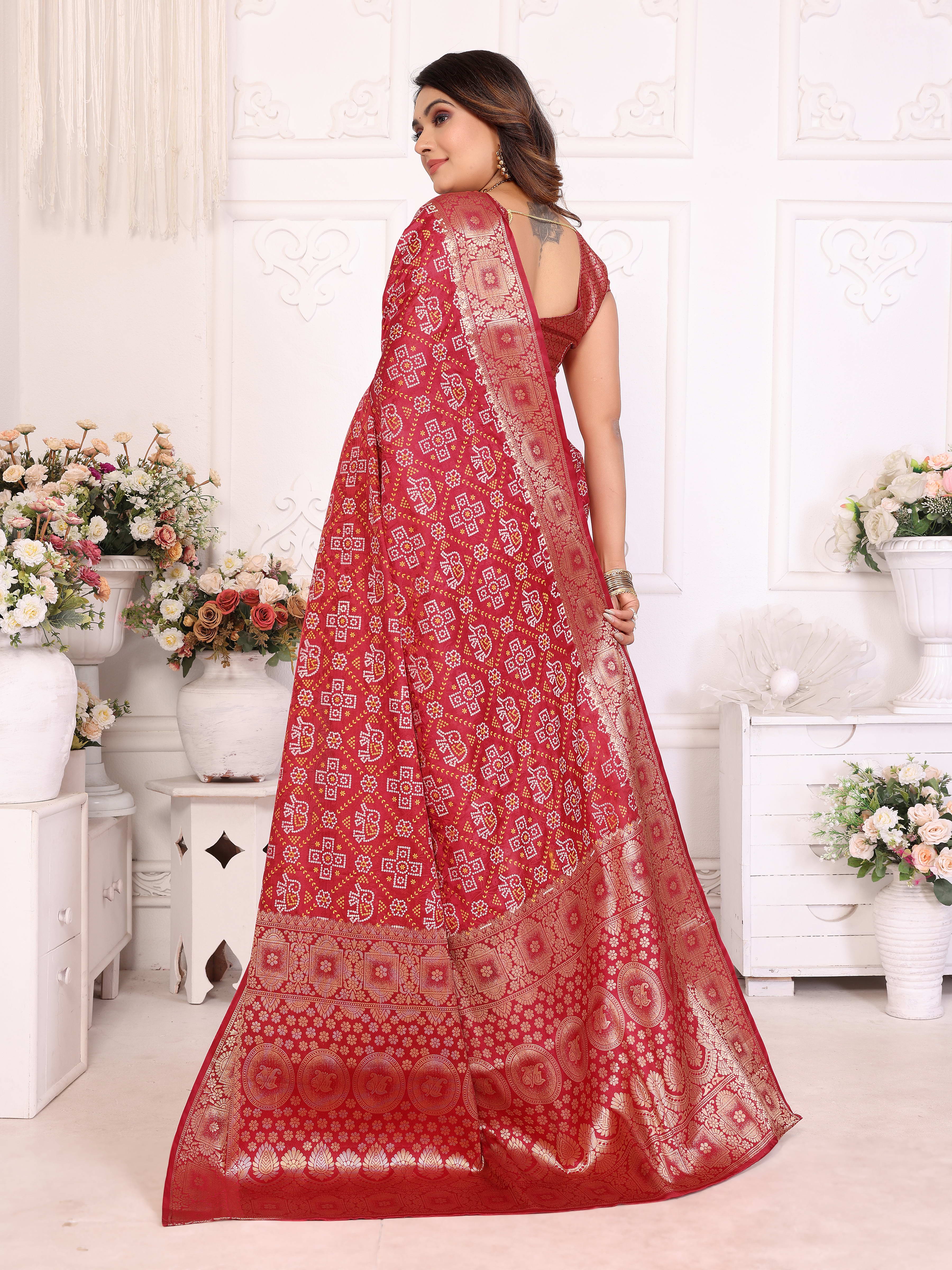 Bandhej Print Soft Satin Silk Saree with Zari Border