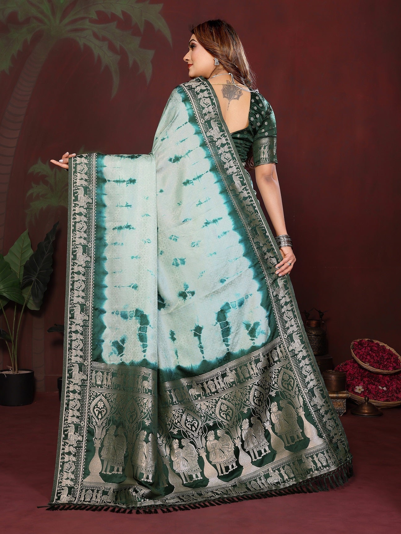 Sibori Bandhej Soft Satin Silk Zari Border Saree