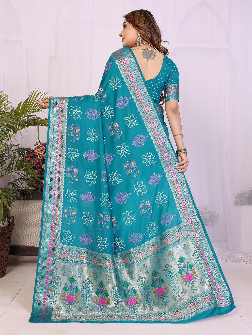 Dola Silk Bandhej Khadi Print Saree with Kanchi Border