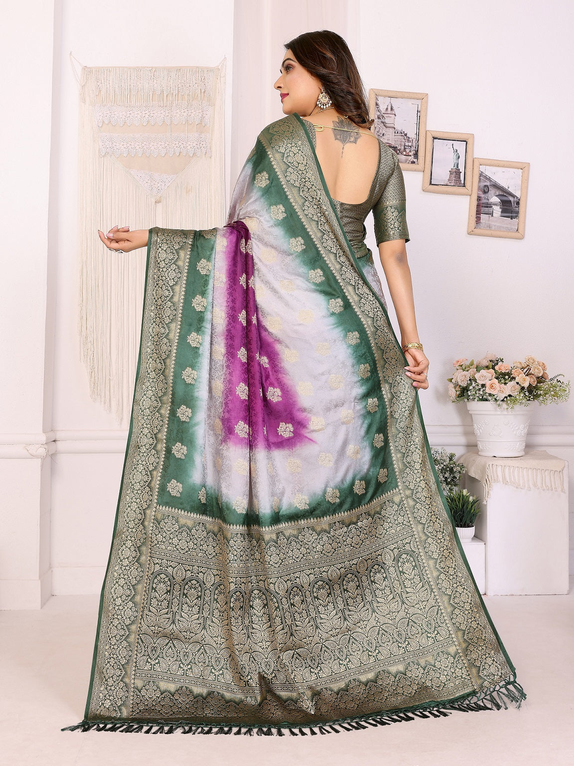 3D Multi Color Soft Satin Silk Dyed Saree with Zari Work