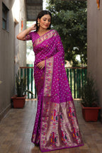 Dola Soft Silk Bandhej Paithani Saree with Zari Butti