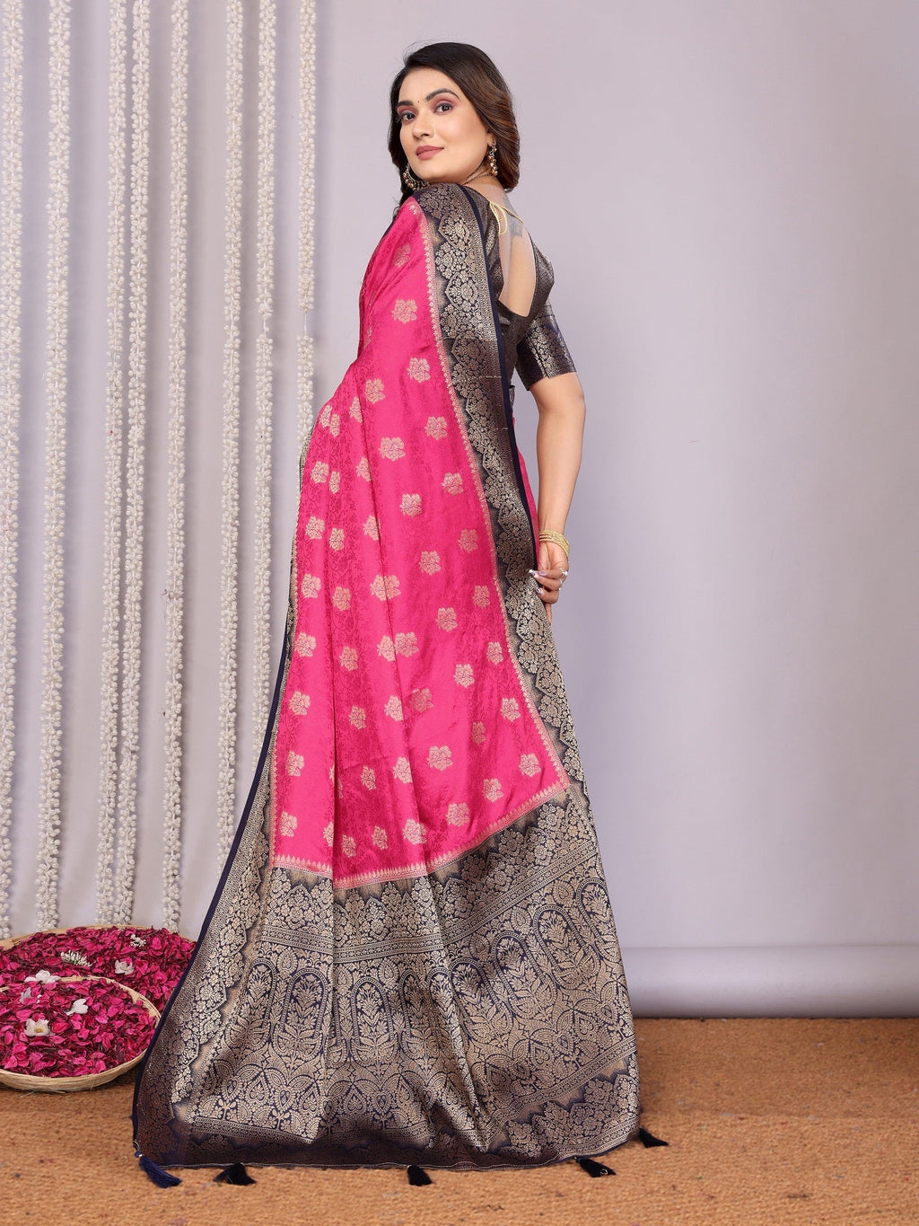 Zari Butta and Contrast Border Satin Silk Saree