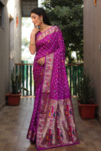 Dola Soft Silk Bandhej Paithani Saree with Zari Butti