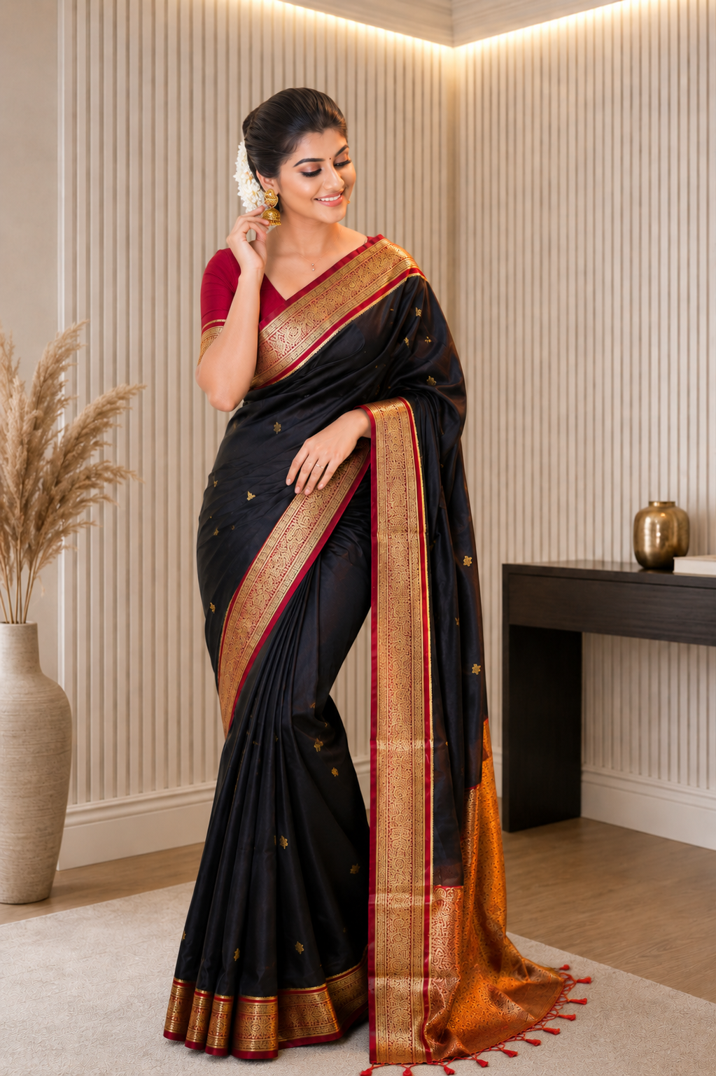Outstanding Black Soft Banarasi Silk Saree With Lovely Blouse Piece