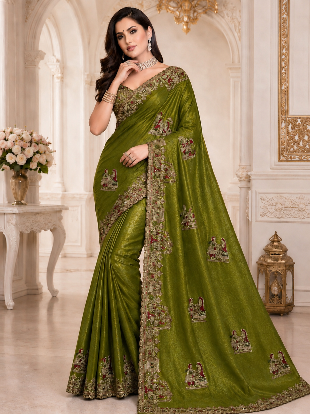 Green Tesla Silk Embroidered Saree