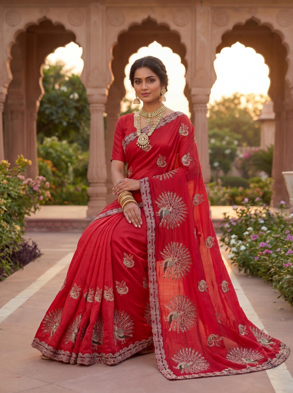 Beautifully Embroidered Fendy Satin Saree Secondary image