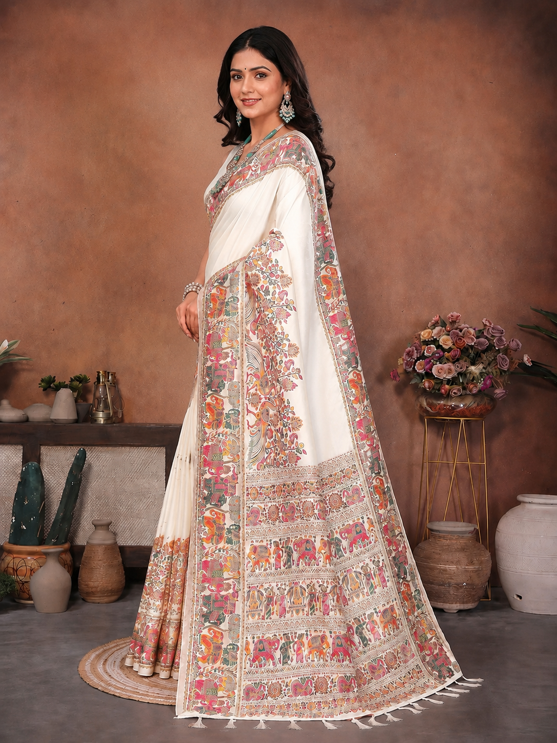 Redolent Beige Pashmina Saree With Embrocation Blouse Piece Secondary image