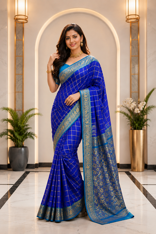 Kanjivaram Soft Silk Blue Saree with Gold Zari Chex Weaving