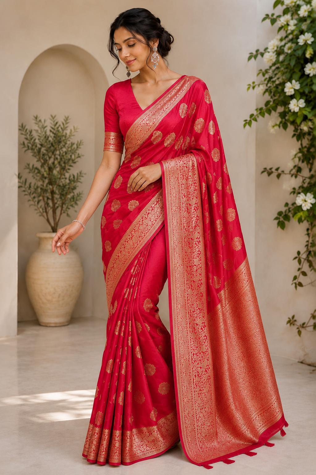 A glam Red Soft Silk Saree With Classic Blouse Piece