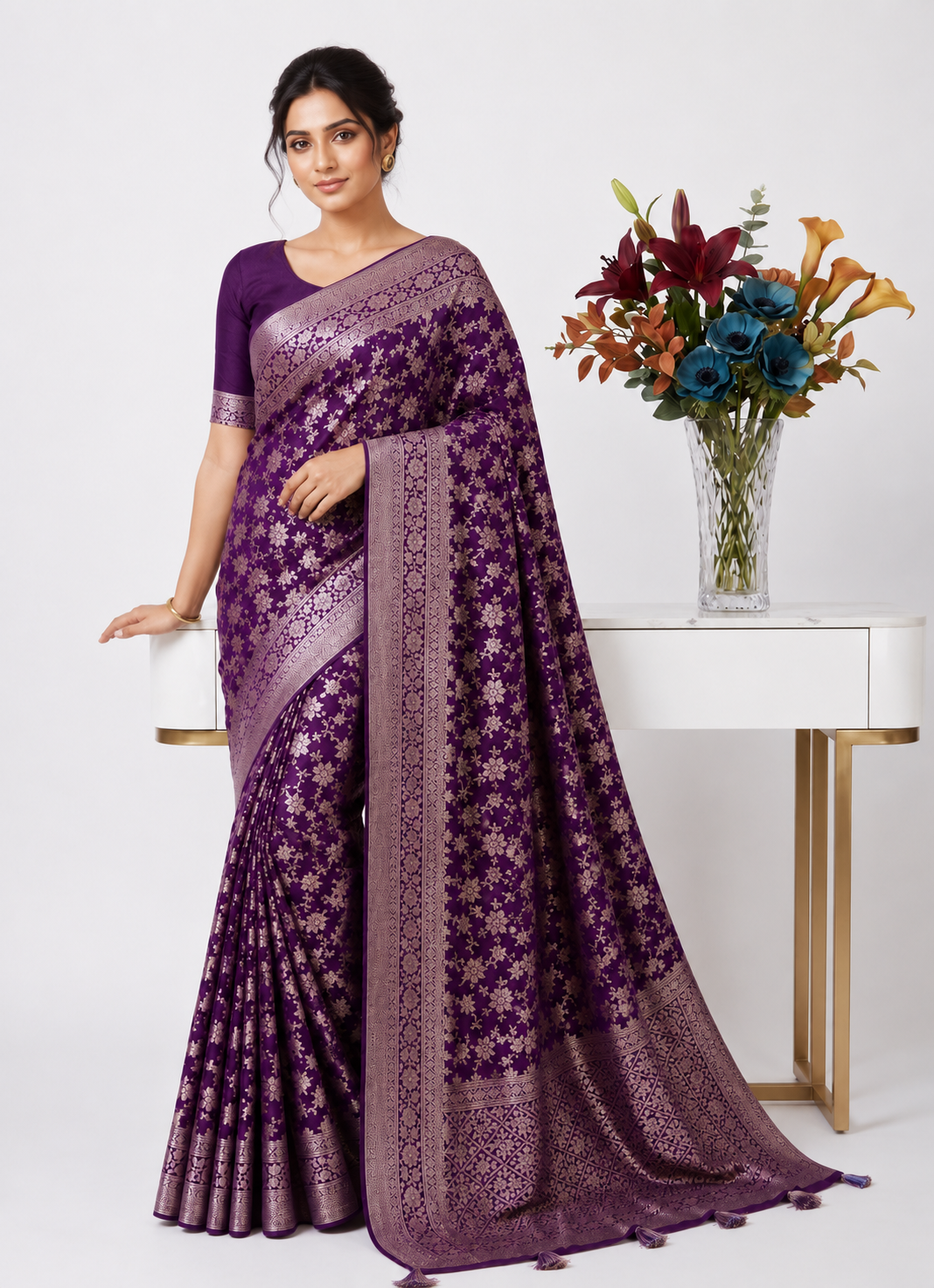 Effervescent Wine Soft Banarasi Silk Saree With Elision Blouse Piece Secondary image