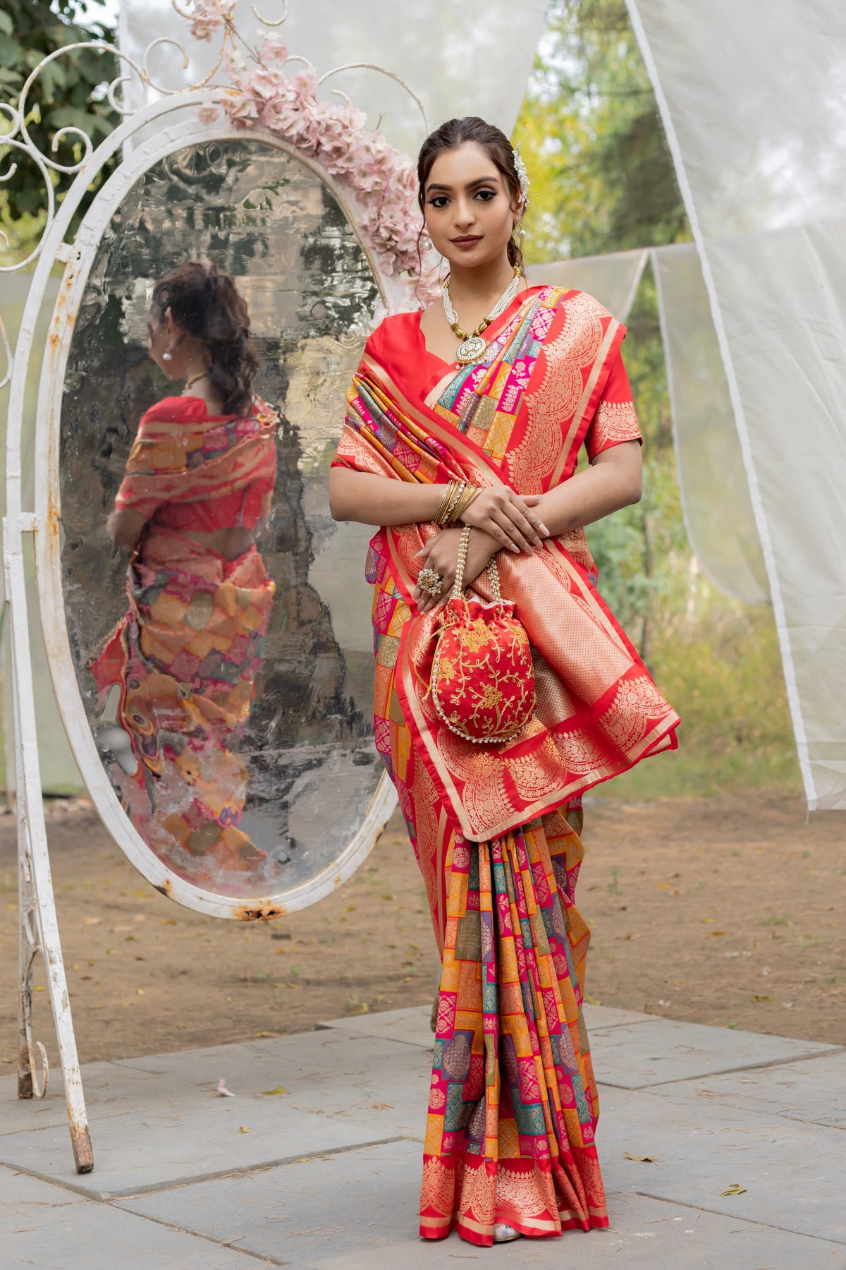 Mesmerizing Benarasi Silk Red Multi Color Saree