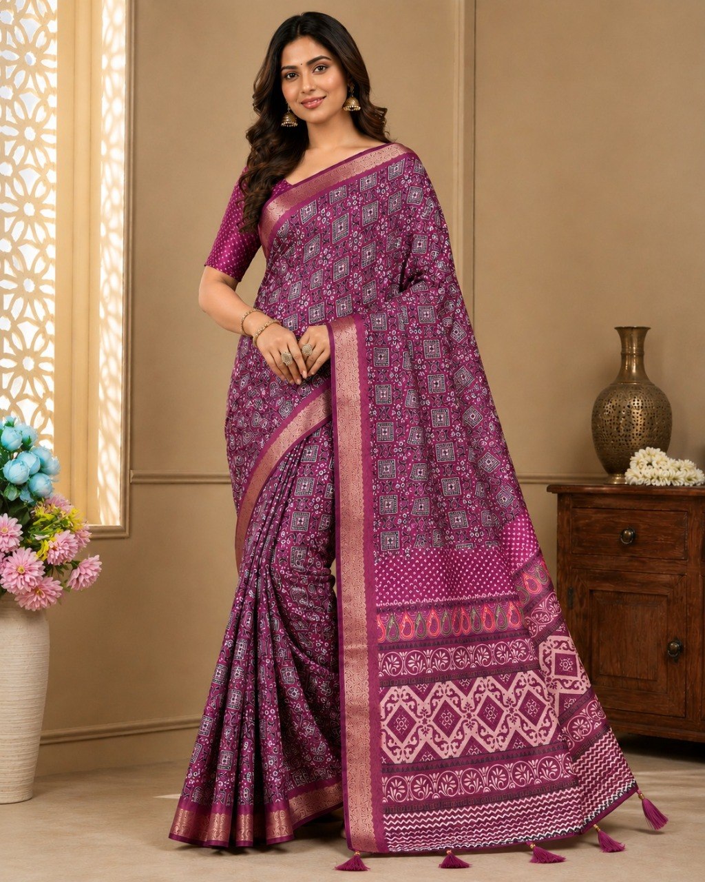 Premium Ajrakh Print Silk Blend Saree