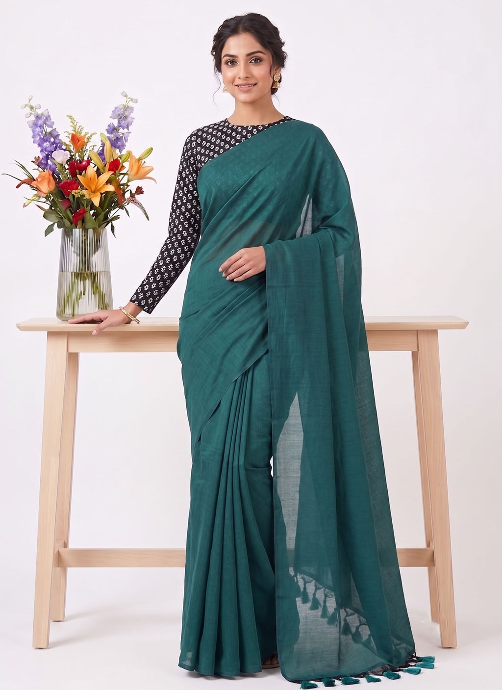 Elegant Khadi Cotton Saree with Stretchable Ajrak Print Blouse