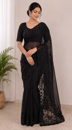 Designer Fox Georgette Saree with Black Beads Work